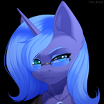 Size: 1024x1024 | Tagged: safe, artist:villjulie, princess luna, alicorn, pony, black background, bust, clothes, eyebrows, female, jewelry, mare, necklace, portrait, raised eyebrow, s1 luna, shirt, signature, simple background, solo, sunglasses