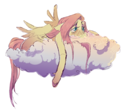 Size: 782x680 | Tagged: safe, artist:qtshibbazzz, fluttershy, pegasus, pony, g4, blushing, cloud, female, lying down, lying on a cloud, mare, on a cloud, simple background, solo, white background