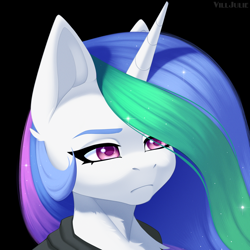 Size: 1024x1024 | Tagged: safe, artist:villjulie, princess celestia, alicorn, pony, g4, black background, bust, clothes, female, frown, mare, mlp-rd, portrait, signature, simple background, solo