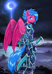 Size: 2894x4093 | Tagged: safe, artist:pencils, oc, oc:neon burst, hybrid, pegabat, anthro, armor, dagger, dark souls 3, eclipse, fangs, looking at you, looking back, looking back at you, lunar ranger, night, saber, sword, weapon