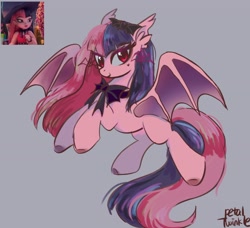 Size: 2048x1865 | Tagged: safe, artist:petaltwinkle, bat pony, pony, bowtie, draculaura, female, gray background, looking at you, mare, mole, monster high, ponified, screencap reference, signature, simple background, smiling, smiling at you, solo, spread wings, wings