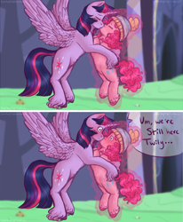 Size: 2627x3184 | Tagged: safe, artist:violetpony11, pinkie pie, twilight sparkle, alicorn, earth pony, pony, g4, my little pony best gift ever, cap, duo, duo female, eyes closed, female, food, hat, high res, implied shining armor, kiss on the lips, kissing, lesbian, levitation, magic, mare, offscreen character, pudding, puddinghead's pudding, ship:twinkie, shipping, size difference, spread wings, telekinesis, twilight sparkle (alicorn), wings