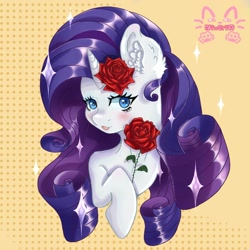 Size: 1280x1280 | Tagged: safe, artist:niveria25, rarity, pony, unicorn, g4, abstract background, blushing, bust, female, flower, flower in hair, mare, open mouth, open smile, portrait, rose, signature, smiling, solo