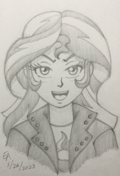 Size: 1000x1458 | Tagged: safe, artist:mayorlight, sunset shimmer, human, equestria girls, g4, bust, female, looking at you, monochrome, open mouth, pencil drawing, solo, traditional art