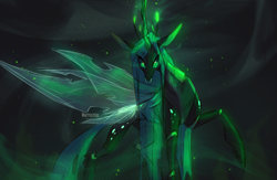 Size: 2881x1883 | Tagged: safe, artist:iheyyasyfox, queen chrysalis, changeling, changeling queen, g4, concave belly, fangs, glowing, glowing horn, horn, looking at you, signature, slender, solo, thin