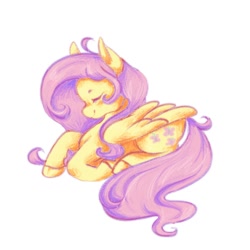 Size: 1000x1000 | Tagged: safe, artist:fallomiyne, fluttershy, pegasus, pony, g4, cute, eyes closed, female, lying down, mare, prone, shyabetes, simple background, smiling, solo, white background