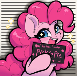 Size: 1037x1033 | Tagged: safe, artist:oofycolorful, pinkie pie, earth pony, pony, g4, barbie, barbie (film), barbie mugshot meme, chest fluff, cute, diapinkes, ear fluff, eyebrows, female, hoof hold, looking at you, mare, meme, mugshot, open mouth, open smile, parody, simple background, smiling, smiling at you, solo, sparkles, starry eyes, text, wingding eyes
