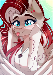 Size: 2760x3920 | Tagged: safe, artist:honeybbear, oc, oc only, oc:cherry heart, pegasus, pony, :p, blue eyes, bust, cheek squish, colored wings, ear fluff, ear piercing, earring, freckles, high res, jewelry, necklace, piercing, portrait, red mane, solo, squishy cheeks, tongue out, two toned mane, two toned wings, wings