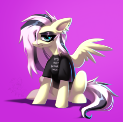 Size: 1634x1621 | Tagged: safe, artist:rtootb, fluttershy, pegasus, pony, fake it 'til you make it, g4, alternate design, alternate hairstyle, big ears, clothes, digital art, ear piercing, ears back, emoshy, eyelashes, eyeshadow, female, fluttergoth, fluttershy is not amused, full body, goth, goth pony, green eyes, hair over one eye, it's not a phase, looking at you, makeup, mare, piercing, pink background, pink hair, shading, shirt, simple background, sitting, solo, spread wings, t-shirt, unamused, wings