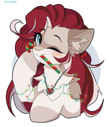 Size: 1200x1400 | Tagged: safe, artist:butterbit, oc, oc only, oc:cherry heart, pony, blue eyes, cherry, commission, ear fluff, ear piercing, earring, food, holiday, jewelry, necklace, one eye closed, piercing, red mane, solo, wink, ych result