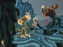 Size: 6400x4800 | Tagged: safe, artist:brainiac, part of a set, oc, oc:heccin pepperino, kirin, aseprite, astronaut, female, happy, limited palette, mare, nomai, outer wilds, outer wilds collection, outer wilds spoilers, pixel art, quantum moon, solanum, space helmet, spacesuit, spoilers for another series