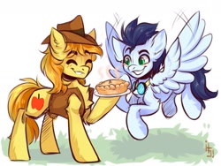 Size: 1600x1200 | Tagged: safe, artist:falafeljake, braeburn, soarin', earth pony, pegasus, pony, g4, blushing, clothes, commission, duo, duo male, eyebrows, eyebrows visible through hair, eyes closed, flying, food, grass, hat, male, pie, signature, smiling, spread wings, stallion, that pony sure does love pies, wings