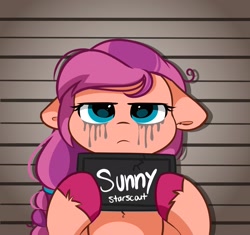 Size: 2696x2536 | Tagged: safe, artist:kittyrosie, sunny starscout, earth pony, pony, g5, barbie, barbie (film), barbie mugshot meme, female, floppy ears, frown, glare, high res, hoof hold, lidded eyes, looking at you, makeup, mare, meme, messy mane, mugshot, running makeup, solo, sunny starscout is not amused, unamused, unshorn fetlocks