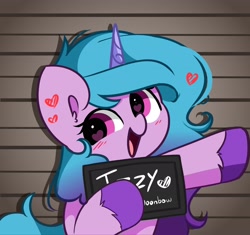Size: 2696x2536 | Tagged: safe, artist:kittyrosie, izzy moonbow, pony, unicorn, g5, barbie, barbie (film), barbie mugshot meme, blushing, cute, ear fluff, female, heart, heart eyes, high res, hoof hold, horn, izzybetes, looking at you, mare, meme, mugshot, open mouth, open smile, smiling, smiling at you, solo, unshorn fetlocks, waving, wingding eyes
