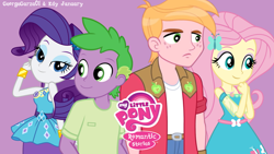 Size: 1920x1080 | Tagged: safe, artist:edy_january, artist:georgegarza01, artist:starryshineviolet, edit, big macintosh, fluttershy, rarity, spike, human, series:romantic and jackass, series:romantic stories, series:sparity, equestria girls, g4, my little pony equestria girls: better together, female, geode of fauna, geode of shielding, human spike, humanized, link in description, logo, logo edit, magical geodes, male, purple background, ship:fluttermac, ship:sparity, shipping, simple background, straight, vector used, wallpaper