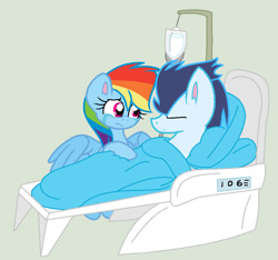 Size: 822x768 | Tagged: safe, artist:thunderspeedyt, rainbow dash, soarin', pegasus, pony, g4, bed, crying, eyes closed, female, hospital bed, male, mare, ship:soarindash, shipping, stallion, straight