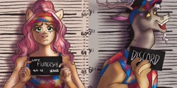 Size: 2048x1020 | Tagged: safe, artist:dykecord, discord, fluttershy, draconequus, pegasus, anthro, g4, antlers, barbie, barbie (film), barbie mugshot meme, beard, clothes, duo, duo male and female, facial hair, female, hat, horn, implied discoshy, implied shipping, implied straight, male, meme, mugshot, name, open mouth, signature