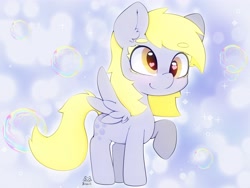 Size: 4000x3000 | Tagged: safe, artist:zokkili, derpy hooves, pegasus, pony, g4, beanbrows, bubble, cute, derpabetes, ear fluff, eyebrows, eyebrows visible through hair, female, heart, heart eyes, high res, raised hoof, signature, smiling, solo, spread wings, wingding eyes, wings