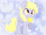 Size: 4000x3000 | Tagged: safe, artist:zokkili, derpy hooves, pegasus, pony, beanbrows, bubble, cute, derpabetes, ear fluff, eyebrows, heart, heart eyes, high res, raised hoof, signature, smiling, solo, spread wings, wingding eyes, wings