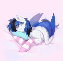 Size: 3100x3000 | Tagged: safe, artist:miurimau, oc, oc only, pegasus, pony, :3, clothes, colored wings, cute, high res, lying down, pegasus oc, pillow, smiling, socks, solo, striped socks, two toned wings, wings