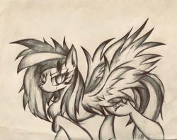 Size: 2049x1626 | Tagged: safe, artist:lydia, oc, oc:wooden toaster, pony, bedroom eyes, cool, glaze, looking at you, paper, pencil drawing, sketch, spread wings, traditional art, wings