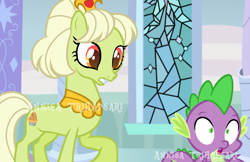 Size: 1113x720 | Tagged: safe, artist:kingbases, artist:muhammad yunus, edit, edited screencap, screencap, granny smith, spike, dragon, earth pony, pony, g4, alternate universe, base used, concave belly, duo, fake screencap, female, gritted teeth, mare, open mouth, raised hoof, slender, teeth, thin, watermark, wide eyes, young granny smith, younger