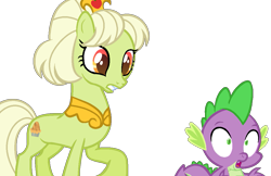 Size: 1113x720 | Tagged: safe, artist:kingbases, artist:muhammad yunus, granny smith, spike, dragon, earth pony, pony, g4, alternate universe, base used, concave belly, duo, female, gritted teeth, mare, open mouth, simple background, slender, teeth, thin, transparent background, wide eyes, young granny smith, younger