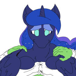Size: 3508x3508 | Tagged: safe, artist:ponny, princess luna, oc, oc:anon, alicorn, human, pony, g4, high res, hug, human on pony snuggling, looking at you, lying down, on top, simple background, snuggling, transparent background, winghug, wings