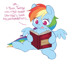 Size: 610x510 | Tagged: safe, artist:higglytownhero, rainbow dash, pegasus, pony, g4, blood meridian, book, chibi, female, hoof hold, implied starlight glimmer, implied twilight sparkle, mare, open mouth, reading, simple background, sitting, solo, sweat, sweatdrop, white background