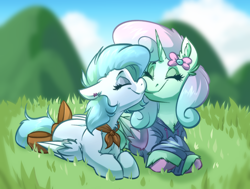 Size: 2536x1920 | Tagged: safe, artist:witchtaunter, oc, oc only, pegasus, pony, bow, chest fluff, clothes, cloud, commission, cute, duo, ear fluff, eyes closed, female, grass, grass field, lesbian, mare, mountain, nuzzling, oc x oc, outdoors, pegasus oc, scarf, shipping, smiling, tail, tail bow