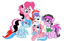 Size: 1280x720 | Tagged: safe, artist:mlpcartel, oc, oc:cotton candy, oc:dragonfly, oc:raindroxx, oc:rosie dash, oc:sperm pie, pony, crossover, crossover ship offspring, group, offspring, parent:pinkie pie, parent:spongebob squarepants, simple background, transparent background