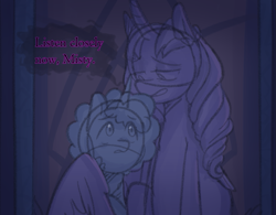 Size: 893x695 | Tagged: safe, anonymous artist, misty brightdawn, opaline arcana, alicorn, pony, unicorn, series:misty pov, g5, dialogue, duo, duo female, female, hug, jewelry, limited palette, mare, necklace, opaline's dark castle, sitting, this will end in tears, throne, throne room, winghug, wings