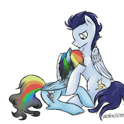 Size: 600x600 | Tagged: safe, artist:vinviasshine, rainbow dash, soarin', pegasus, pony, g4, female, hug, male, mare, sad, ship:soarindash, shipping, simple background, stallion, straight, white background