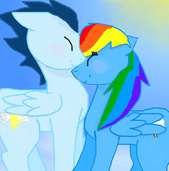 Size: 832x840 | Tagged: safe, artist:fuzzybutts108, rainbow dash, soarin', pegasus, pony, g4, blushing, eyes closed, female, male, mare, ship:soarindash, shipping, stallion, straight