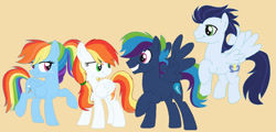 Size: 1024x491 | Tagged: safe, artist:asexual-armadillo, rainbow dash, soarin', oc, oc:sundance, oc:thunder blitz, pegasus, pony, g4, female, male, mare, offspring, parent:rainbow dash, parent:soarin', parents:soarindash, ship:soarindash, shipping, simple background, stallion, straight