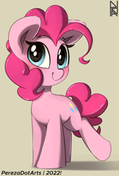 Size: 2160x3198 | Tagged: safe, artist:perezadotarts, pinkie pie, earth pony, pony, g4, blue eyes, blushing, cute, high res, logo, raised leg, simple background, smiling, solo, text