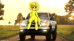 Size: 3840x2160 | Tagged: safe, artist:perezadotarts, oc, oc only, pony, unicorn, countryside, high res, pickup truck, sitting, smiling, solo, sunset, toyota, toyota tacoma