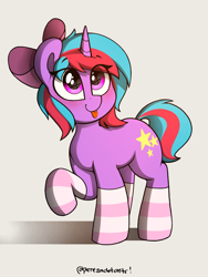 Size: 2250x3000 | Tagged: safe, artist:perezadotarts, oc, oc only, oc:cosmic spark, pony, unicorn, :p, bow, clothes, female, hair bow, high res, looking up, simple background, smiling, socks, solo, striped socks, text, tongue out