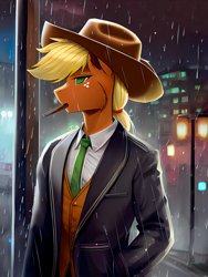 Size: 1536x2048 | Tagged: safe, ai assisted, ai content, artist:darbarri, derpibooru exclusive, applejack, earth pony, anthro, g4, cigar, clothes, jacket, night, noir, rule 63, sad, smoking, solo