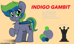 Size: 4096x2440 | Tagged: safe, artist:perezadotarts, oc, oc only, oc:indigo gambit, bat pony, pony, bat pony oc, colored, cutie mark, fangs, looking at you, reference sheet, simple background, smiling, solo, text, wings