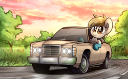 Size: 5096x3160 | Tagged: safe, artist:perezadotarts, oc, oc only, oc:sand dollar, earth pony, pony, car, driving, female, ford, ford ltd, lights, mare, motion lines, sky, smiling, solo, vehicle
