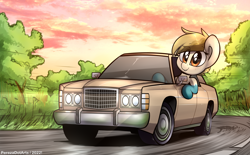 Size: 5096x3160 | Tagged: safe, artist:perezadotarts, oc, oc only, oc:sand dollar, earth pony, pony, beach pony (generic), car, driving, female, ford, ford ltd, lights, mare, motion lines, sky, smiling, solo, vehicle, water legs