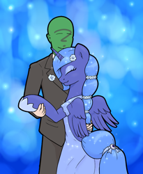 Size: 1000x1220 | Tagged: safe, artist:kumakum, princess luna, oc, oc:anon, alicorn, human, pony, g4, bipedal, clothes, cute, dancing, dress, flower, holding hooves, slow dance, suit, wholesome
