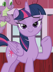 Size: 410x551 | Tagged: safe, screencap, spike, twilight sparkle, alicorn, dragon, pony, g4, harvesting memories, my little pony: friendship is forever, bedroom eyes, cropped, female, flying, looking at you, mare, raised hoof, smiling, smiling at you, solo focus, stupid sexy twilight, sweet apple acres, sweet apple acres barn, twilight sparkle (alicorn)