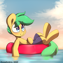 Size: 4096x4096 | Tagged: safe, artist:perezadotarts, oc, oc only, oc:pen sketchy, pony, blushing, clothes, cloud, inner tube, male, pool toy, shorts, sky, smiling, solo, stallion, text, water