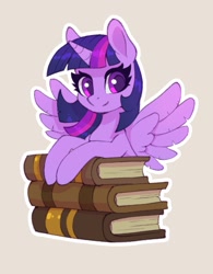 Size: 935x1200 | Tagged: safe, artist:asimos, artist:maytee, twilight sparkle, alicorn, pony, g4, book, bust, collaboration, female, mare, simple background, smiling, solo, spread wings, sticker, twilight sparkle (alicorn), wings