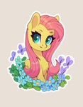 Size: 935x1200 | Tagged: safe, artist:asimos, artist:maytee, fluttershy, butterfly, pegasus, pony, bust, collaboration, cute, flower, shyabetes, simple background, solo, sticker