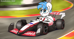 Size: 4096x2160 | Tagged: safe, artist:perezadotarts, oc, oc only, oc:melodic, pony, unicorn, car, circuit de spa francorchamps, driving, f1, f1 car, horn, male, motion blur, motion lines, race track, racecar, racing, smiling, solo, text, unicorn oc