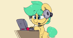 Size: 4096x2160 | Tagged: safe, artist:perezadotarts, derpibooru exclusive, oc, oc only, oc:pen sketchy, earth pony, pony, bipedal, bipedal leaning, computer, desk, earth pony oc, headset, laptop computer, leaning, lidded eyes, male, open mouth, pony oc, simple background, sketch, smiling, solo, stallion, standing on two hooves, table