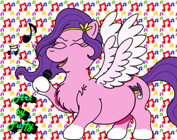 Size: 2500x1966 | Tagged: safe, artist:puffydearlysmith, pipp petals, pegasus, pony, g5, adipipp, belly, chest fluff, chubby, eyes closed, fat, female, jewelry, mare, microphone, music notes, open mouth, singing, solo, spread wings, tiara, wings